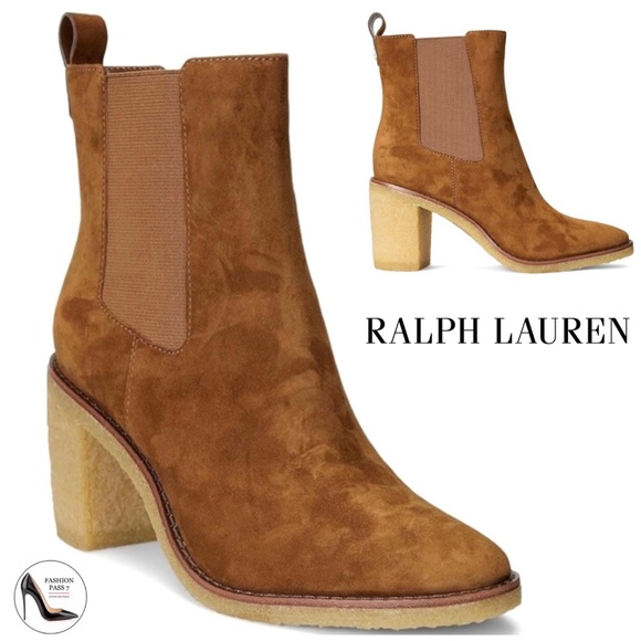 Ralph Lauren Marianna Tan Suede Pull-On Chelsea Booties Block Heel Ankle Boots - Picture 1 of 10